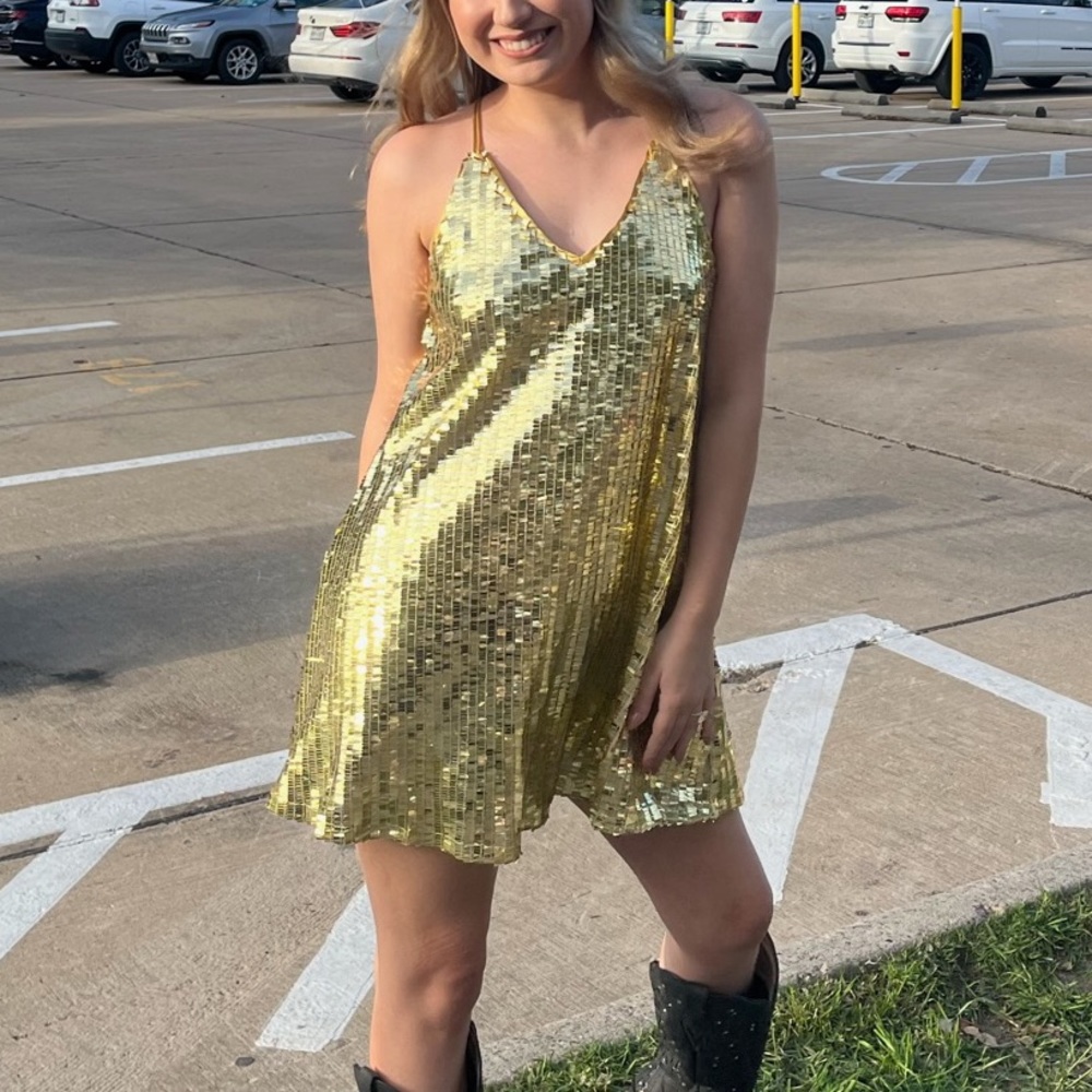 Gold sequin shift dress